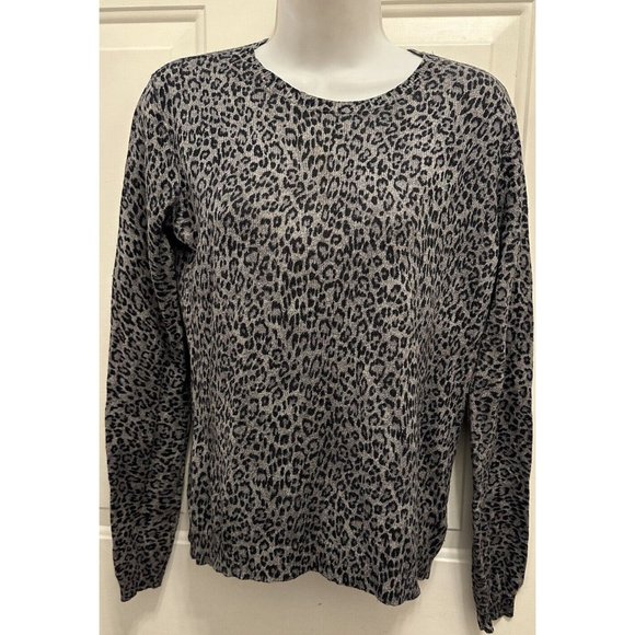 Ralph Lauren Petite Animal Print Silk Cashmere Sweater PM Gray Black - Picture 2 of 6